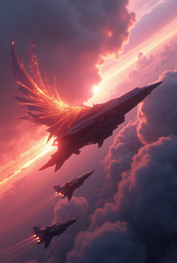 In a surreal twilight sky, a luminous, phoenix-inspired craft soars through a kaleidoscope of colors. A thrilling chase ensues as angular, metallic vessels pursue, their engines roaring like thunder, creating a mesmerizing display of speed and agility against a backdrop of swirling patterns.