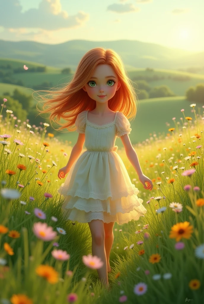 A girl with green eyes and white skin walking in a meadow