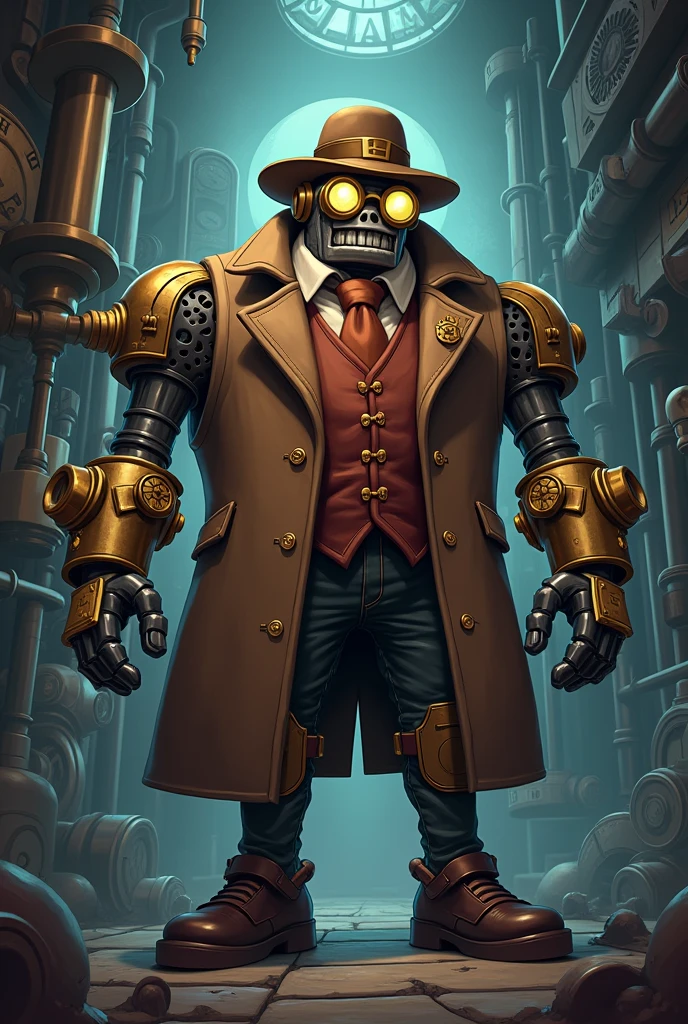 une al detective laiton ya blitzcrank de league of legends, That is, dress Blitzcrank in all of Professor Layton's attire with a 2D cartoon style