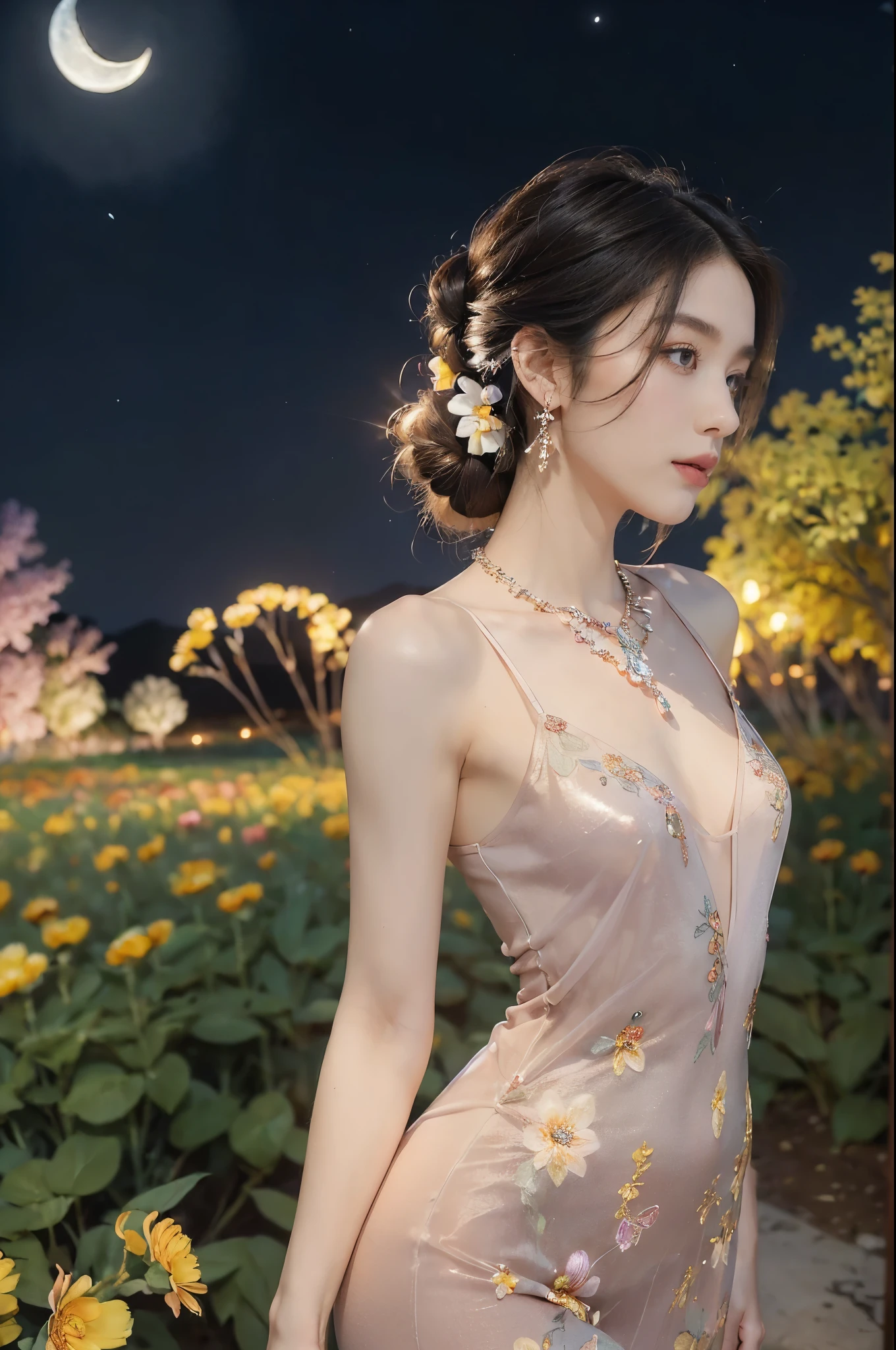 (((best quality))),(((ultra detailed))),(((masterpiece))),illustration,((1 beautiful girl,solo)),(neat chignon:1.2),((earrings,crystal necklace)),((slim,thin)),((small breasts,flat chest)),(slender legs:1.2),(stockings:1.3),(a moon in the clear night sky as the background:1.3), gentle glow,(Standing in the world full of vibrant flowers:1.3),(arms behind back:1.3),(gorgeous maxi dress:1.3),sparkling eyes,graceful,(surrounded by crowded colorful flowers:1.5), kaleidoscope, shimmer,bright moonlight, delicate petals, fragrance, otherworldly, magical realm, enchantment, tranquility, essence of beauty, peace,(outdoor:1.),(night scene:1.3),((from front,upper body))