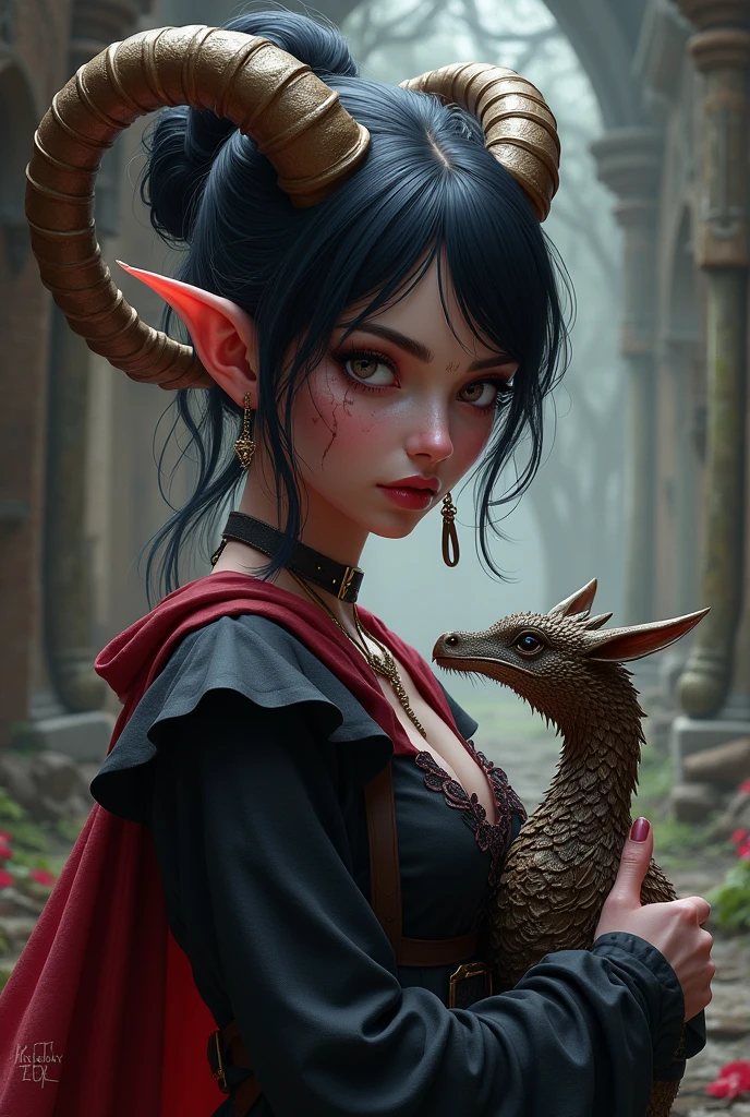 ((NSFW)), ((Mediovale)), Tiefling Drake Warden, pinkish skin, ram horns, ((full body)), completely white eyes, scar on the lips on the right side, Bblack hair, hair tied in a bun, scraping both sides, a braid on each side of the bangs. Bronze Drake companion pet,