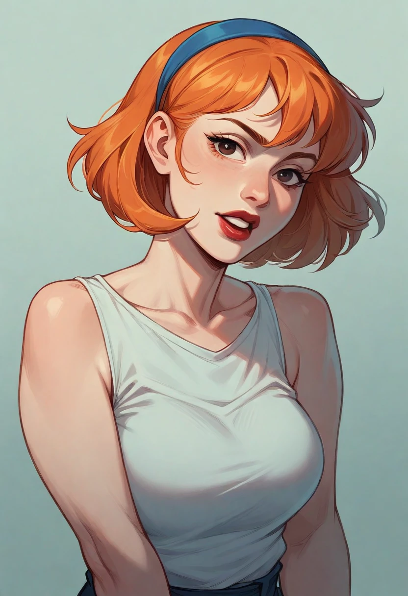 white female with short orange hair and blue headband in her hair, long mouth, thick red lips and big brown eyes.