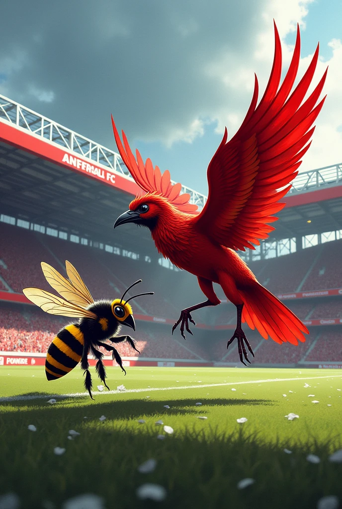 Liverpool liverbird vs Brentford bee, background anfield stadium