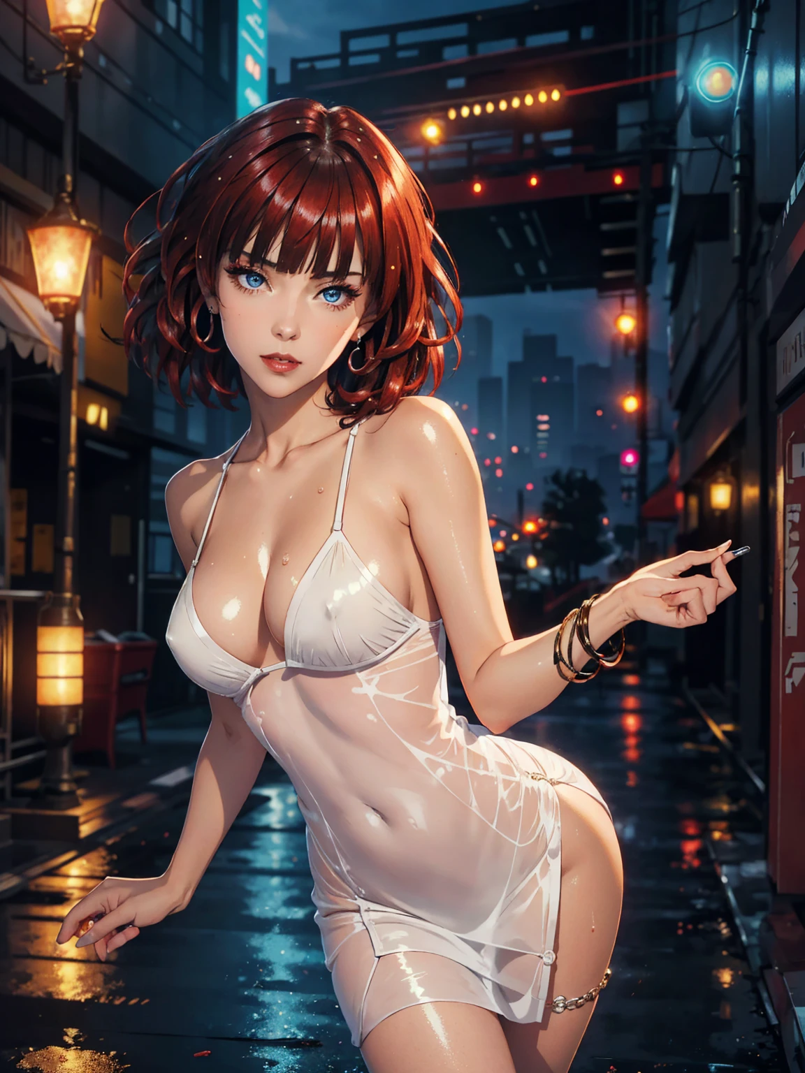 1girl,a beautiful fashion model ,(masterpiece, detailed background, best quality),short and shiny hair, red hair, hair with highlights, bangs, smirk,juicy lips,red lips, calmart, lingerie, stripping, elegant makeup, blue eyes, full body shot, (shiny skin), cyberpunk, sci fi, boa, extravagant jewelry, cocky expression, covered in jewelry, fancy, see through white dress, shiny skin, wet skin. running hand through hair