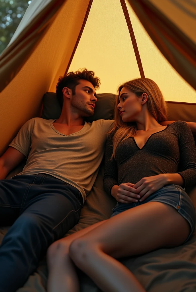 (ultra realisitic) leon Scott Kennedy e Ashley acampando dentro da tent deitada.(tent) (Raby) (Youngh) (  pretty blonde) (black pantyhouse)