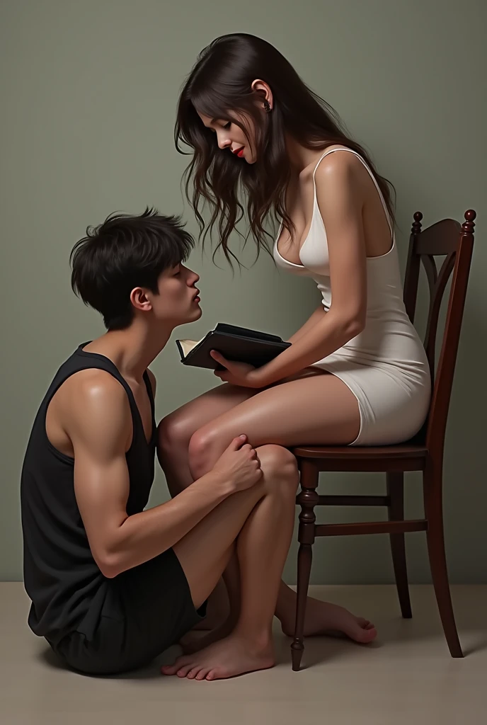 A real girl on a chair wearing a short dress. She has a black book  while a man sitting on floor between the legs of the girl and and he is touching pubis of girl 