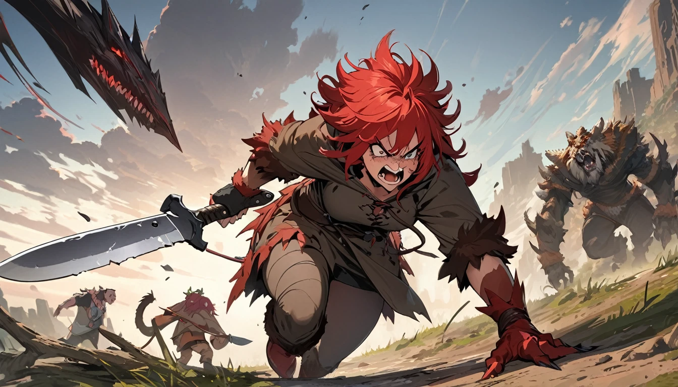 berserker, best quality, super detailed, Illustration,  Wild, 30 years old, adult woman, angry, bandaged, scar, messy red hair, Wild costume, Pelzmantel, Long Boots,  Hunting knife, Pelzschmuck, 