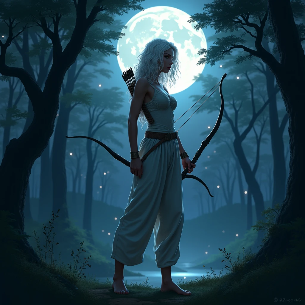 (best quality,4k,8k,highres,masterpiece:1.2),ultra-detailed, 1woman, Greek goddess Artemis, Mediterranean features and skin tone, Athletic build, wearing trousers, wide feminine hips, White hair. in the woods at night, night time, bathed in pale blue moonlight, moon, wielding a bow, wearing a quiver of arrows, on the hunt, dressed for hunting, drawn in the style of Yoshitaka Amano, HDR, 8k, absurdres, cinestill 800, photo realistic, sharp focus