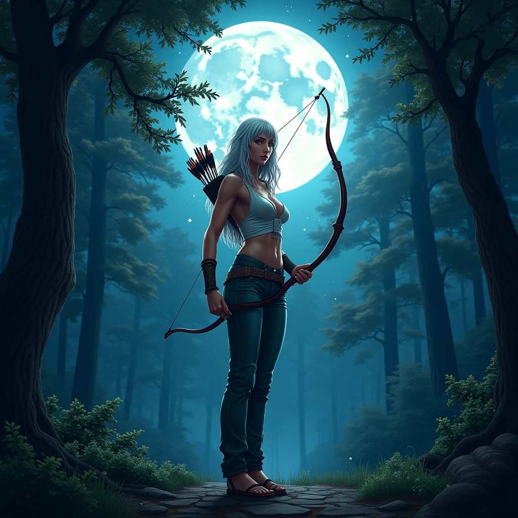 (best quality,4k,8k,highres,masterpiece:1.2),ultra-detailed, 1woman, Greek goddess Artemis, Kate Jackson, Mediterranean features and skin tone, Athletic build, wearing trousers, wide feminine hips, White hair. in the woods at night, night time, bathed in pale blue moonlight, moon, wielding a bow, wearing a quiver of arrows, on the hunt, dressed for hunting, drawn in the style of Yoshitaka Amano, HDR, 8k, absurdres, cinestill 800, sharp focus

