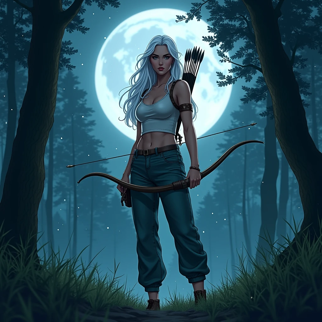 (best quality,4k,8k,highres,masterpiece:1.2),ultra-detailed, 1woman, Greek goddess Artemis, Kate Jackson, Mediterranean features and skin tone, Athletic build, wearing trousers, wide feminine hips, White hair. in the woods at night, night time, bathed in pale blue moonlight, moon, wielding a bow, wearing a quiver of arrows, on the hunt, dressed for hunting, drawn in the style of Yoshitaka Amano, HDR, 8k, absurdres, cinestill 800, sharp focus
