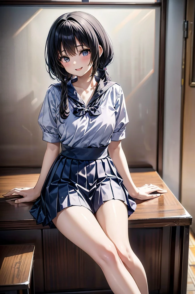 A Thai high school girl in an anime style with long ponytails sits on a sofa holding a microphone and sings in a narrow karaoke room, while smiling playfully. The room is dark and dim. Renaissance, anime style, drop shadow, anatomically correct, best quality, UHD, masterpiece, anatomically correct, best quality