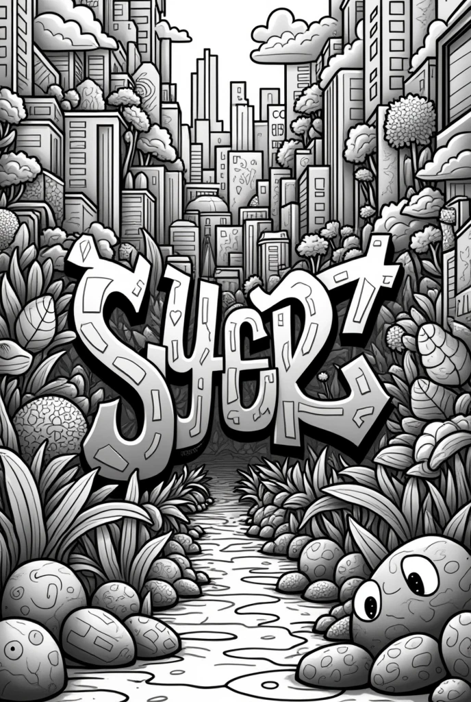 Create a highly detailed, original, and creative urban graffiti art piece designed for a coloring book. The graffiti should include a mix of abstract patterns, street art symbols, stylized text, and urban elements like buildings, plants, or cityscapes. The design should be intricate yet allow space for coloring, with clean lines and diverse textures. The style should be a blend of modern street art with elements of surrealism, featuring vibrant, dynamic compositions that stand out. Ensure each artwork is unique and offers a variety of complexity, suitable for both adults and young people to color