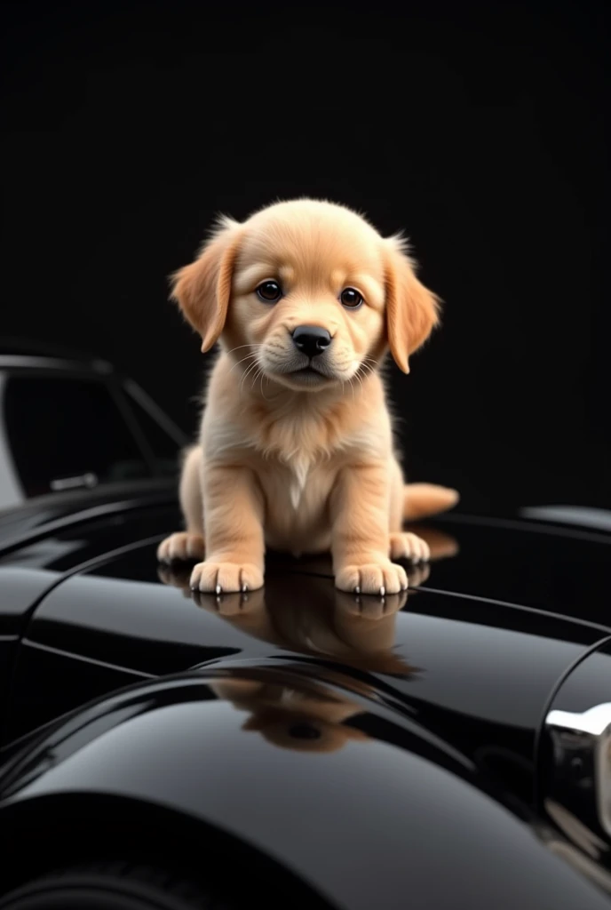 A small puppy golden brown colour sit on the black colour car