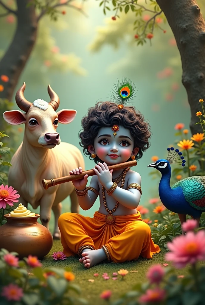 Child Krishna siting in forest playing bansuri and have peacock feather on its head. Cow and peacock standing near and a pot of makhan is there in side also in background there is colourful flowers and plants 