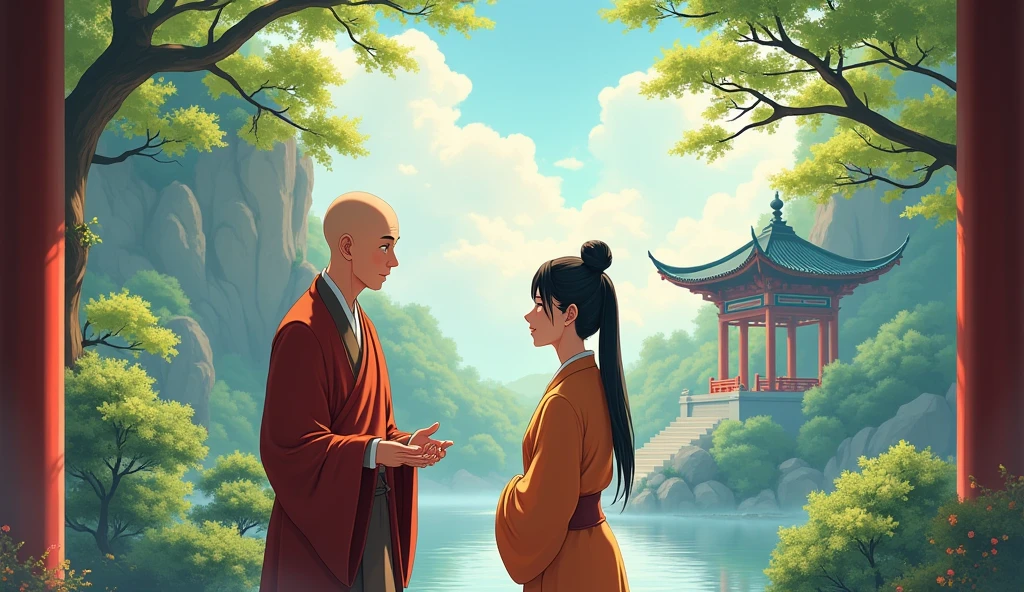 Chinese bald monk sensei talking to desciple, standing, beautiful scenario, peaceful, happy, surrounded by temples, in anime style, beautiful trees,