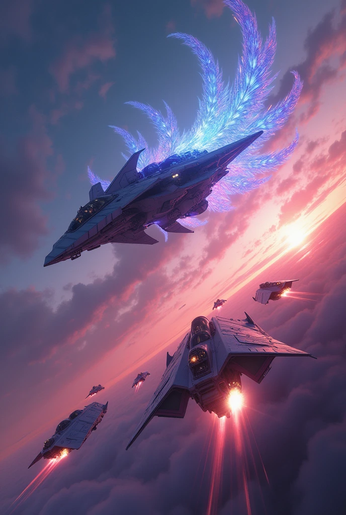 In a surreal twilight sky, a luminous, phoenix-inspired craft soars through a kaleidoscope of colors. A thrilling chase ensues as angular, metallic vessels pursue, their engines roaring like thunder, creating a mesmerizing display of speed and agility against a backdrop of swirling patterns.