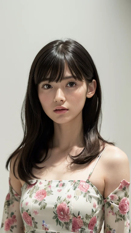 (Highest quality, masterpiece:1.4), Ultra-high resolution, 8k, Very detailed, (Photorealistic:1.2), RAW Photos, Perfect Anatomy, Detailed face, Detailed eyes, Detailed skin, One girl, cute, Japanese, (small:1.3), good, bangs, Are standing, Floral Dress, Black Hair, Soft Light, Cinema Lighting, Shadows in the movie, (View your viewers:1.2), White wall background