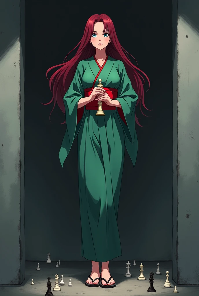 The image is anime style with shadows and dim lights, anime style although somewhat adult and dark, In it appears a single adult woman of 40 years old, she has blue eyes and wears a beautiful oversized green and red yukata.; He also wears sandals. She has very long and loose hair., dark red. you see the woman, calculating and shrewd. The background of the image is a grey wall. She is the antagonist of the story, smile confidently, con malicia y challenging. Is standing, challenging, holding a chess piece in his hands. At his feet, There are many chess pieces scattered.