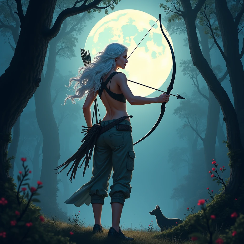 (best quality,4k,8k,highres,masterpiece:1.2),ultra-detailed, 1woman, Greek goddess Artemis, Mediterranean features and skin tone, Athletic build, wearing trousers, wide feminine hips, White hair. in the woods at night, night time, bathed in pale blue moonlight, moon, wielding a bow, wearing a quiver of arrows, on the hunt, dressed for hunting, drawn in the style of Yoshitaka Amano, HDR, 8k, absurdres, cinestill 800, sharp focus
