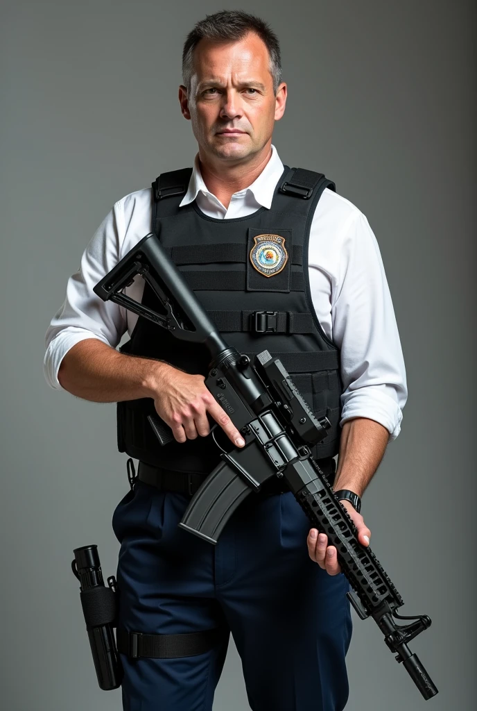 adult real person, wears school uniform, white long polo, navy blue slocks, black shoes, with police sign bulletproof vest with ammunition, pistol pouch in legs, sig sauer p229 sidearm, holding an customized sr16 rifle, 