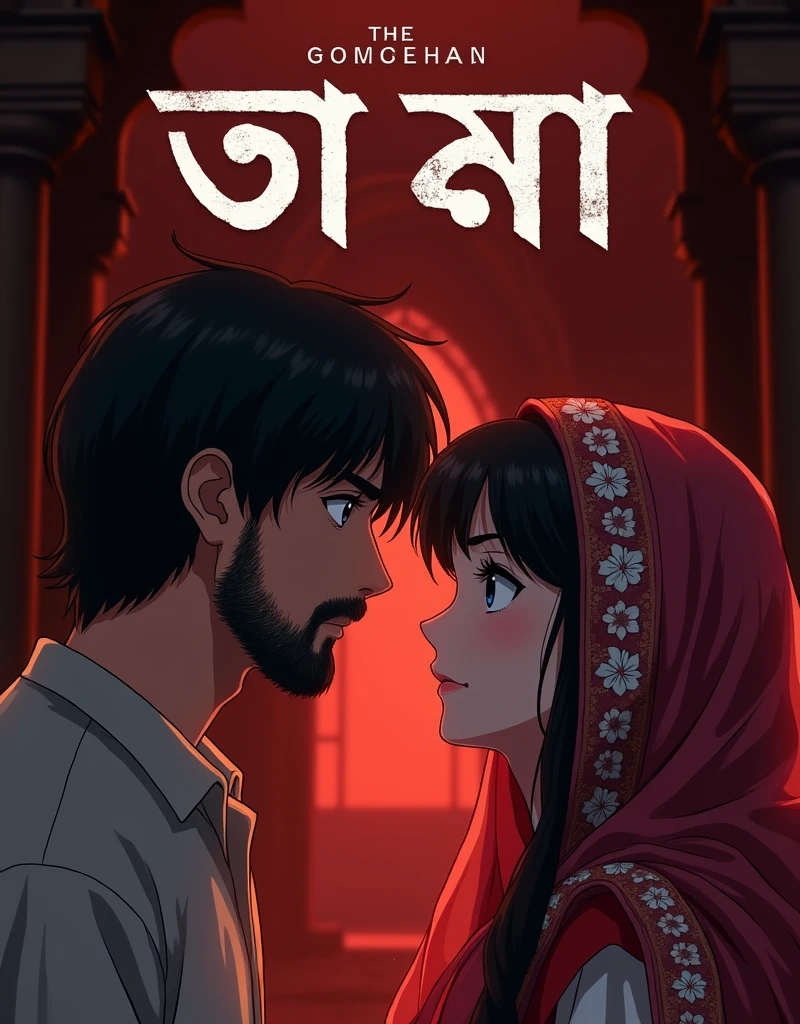 Create a anime style landscape Poster image. Dramatic movie poster featuring two individuals in an intense, close-up moment. The layout is vertical with the Bengali title '(শুধু তুমি)' prominently displayed at the top in bold, distressed white text with a slight shadow effect, present by 'Aura Insight'. The background is a deep red gradient, adding to the dramatic effect. The male on the left has medium-length, tousled hair, a beard, and a serious expression, wearing a light-colored shirt. The female on the right has fair skin, dark hair, and is wearing a traditional, intricately embroidered headscarf with floral patterns. Both characters are gazing into each other's eyes, creating a sense of tension and emotion. The background features a dimly lit architectural structure, adding depth to the scene.