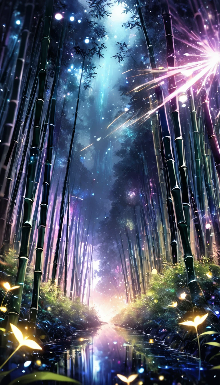 Bamboo forest in the dark night, Delicate and sharp, Clear outline, Soft interior lighting, Many small fireflies flying, Holographic Flash, Vibrant colors, Fantastic rainbow reflection, Metallic luster, The balance between pitch-black darkness and shiny particles, Sharp and delicate, Watercolor style CG, High contrast, Perfectly tuned Octane rendering, Super retinal vision, Antiretroviral therapy, Extreme aesthetics,