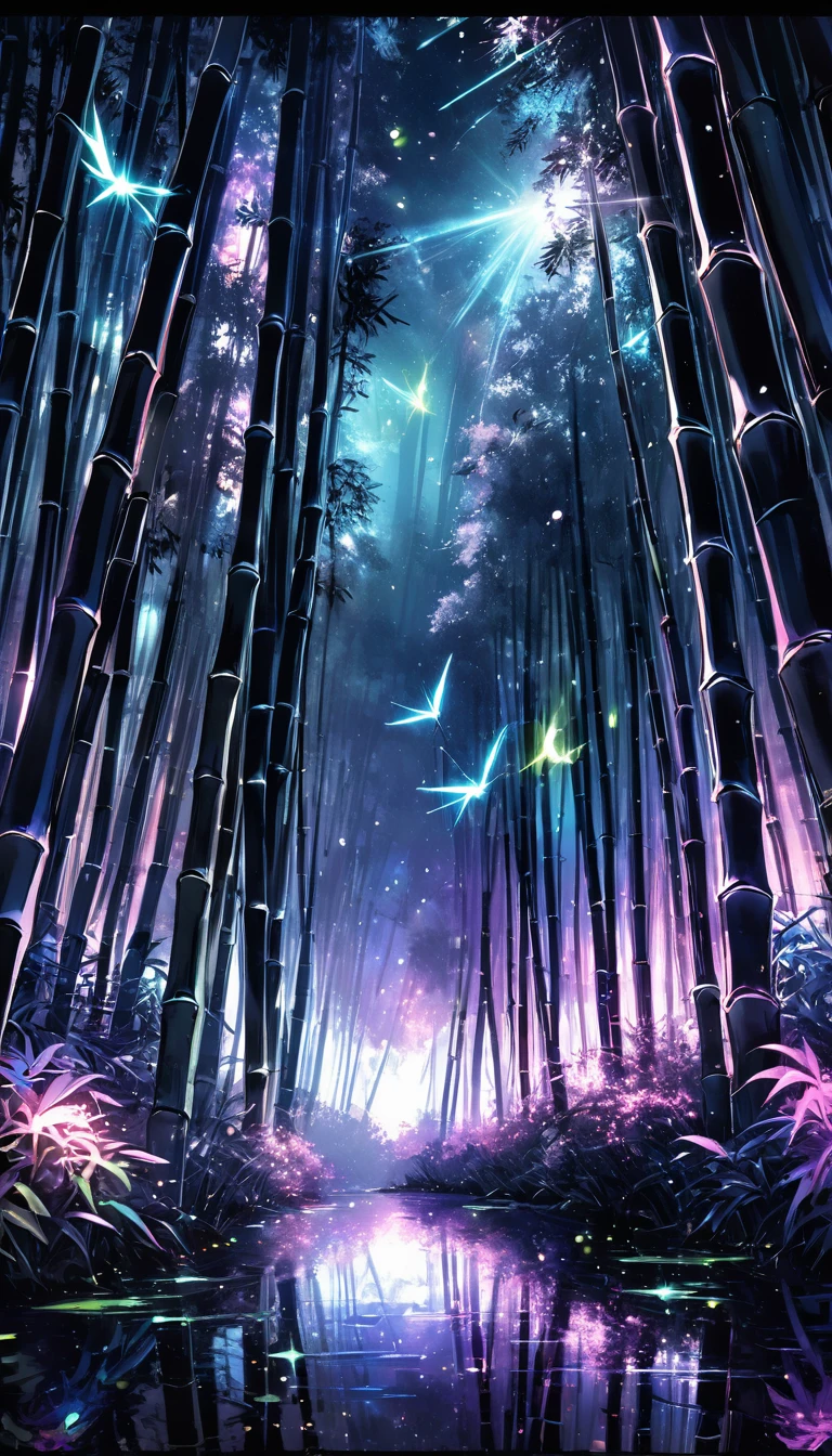 Bamboo forest in the dark night, Delicate and sharp, Clear outline, Soft interior lighting, Many small fireflies flying, Holographic Flash, Vibrant colors, Fantastic rainbow reflection, Metallic luster, The balance between pitch-black darkness and shiny particles, Sharp and delicate, Watercolor style CG, High contrast, Perfectly tuned Octane rendering, Super retinal vision, Antiretroviral therapy, Extreme aesthetics,