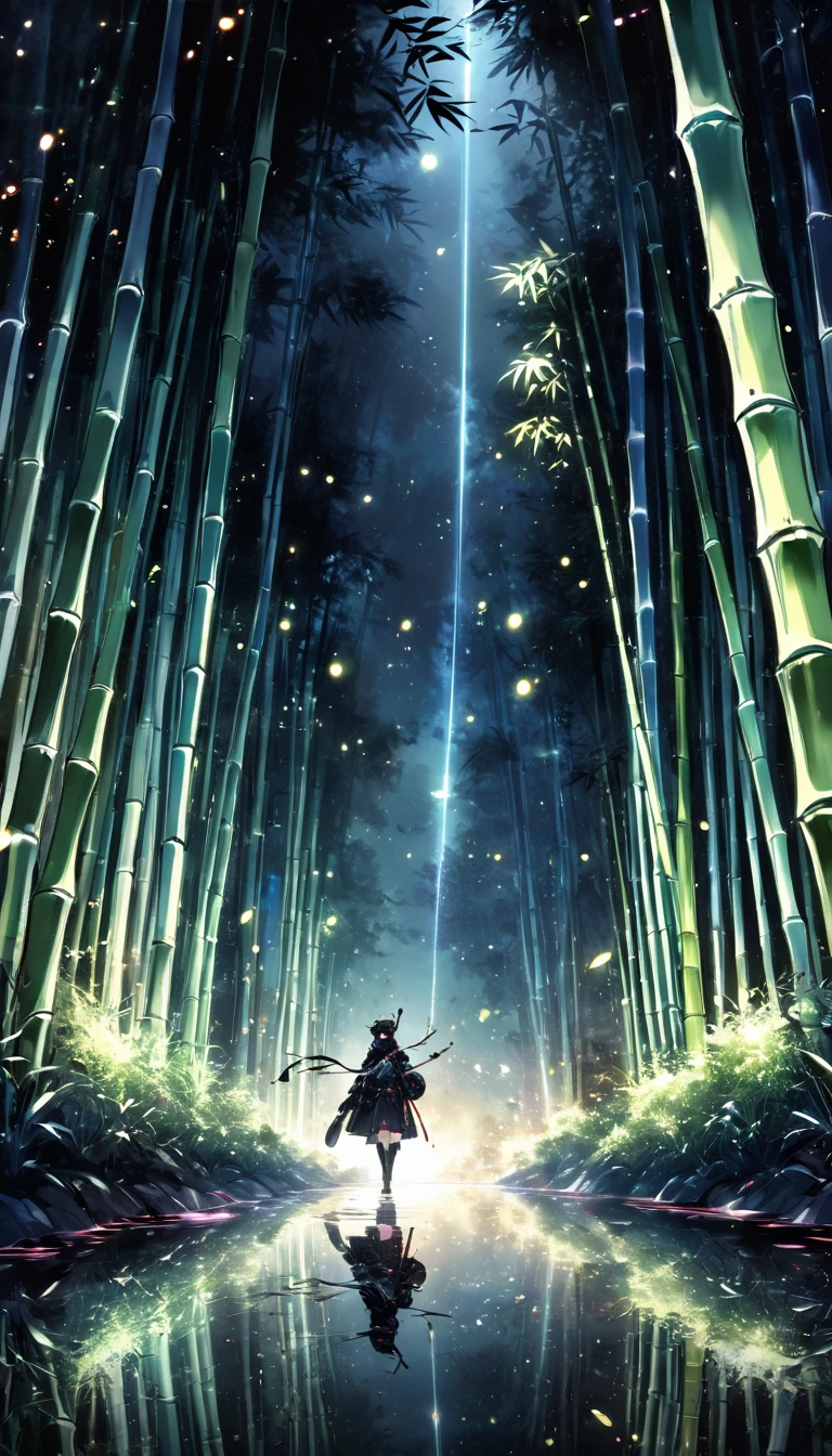 Bamboo forest in the dark night, Delicate and sharp, Clear outline, Soft interior lighting, Many small fireflies flying, Holographic Flash, Vibrant colors, Fantastic rainbow reflection, Metallic luster, The balance between pitch-black darkness and shiny particles, Sharp and delicate, Watercolor style CG, High contrast, Perfectly tuned Octane rendering, Super retinal vision, Antiretroviral therapy, Extreme aesthetics,