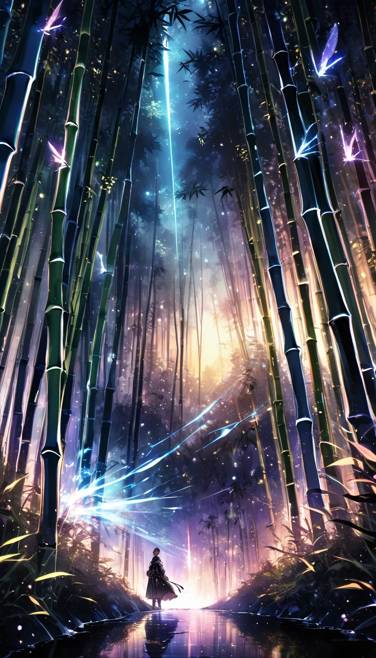 Bamboo forest in the dark night, Delicate and sharp, Clear outline, Soft interior lighting, Many small fireflies flying, Holographic Flash, Vibrant colors, Fantastic rainbow reflection, Metallic luster, The balance between pitch-black darkness and shiny particles, Sharp and delicate, Watercolor style CG, High contrast, Perfectly tuned Octane rendering, Super retinal vision, Antiretroviral therapy, Extreme aesthetics,