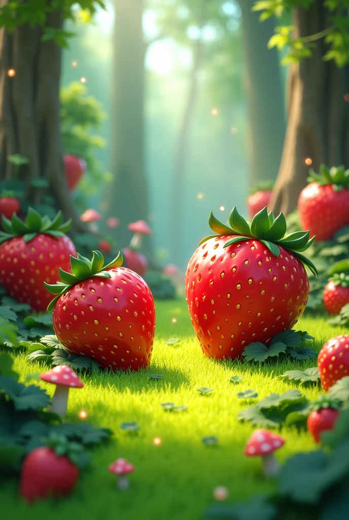 Magical forest with huge strawberries and lime green grass. Image should be 3d and cartoonish