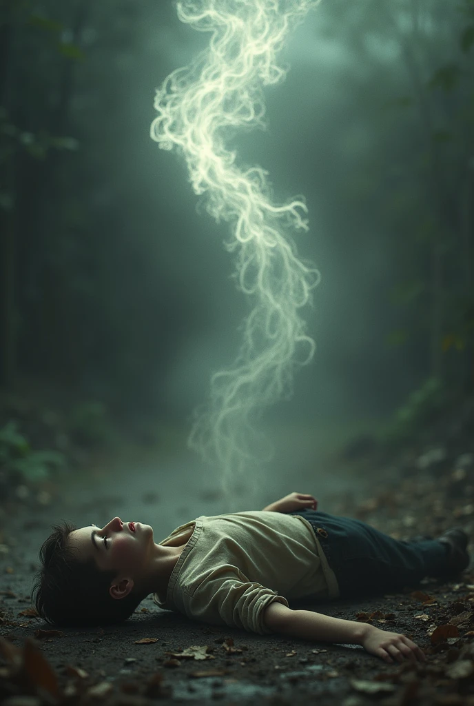 A boy fallen on ground whose soul is getting seperated from his body