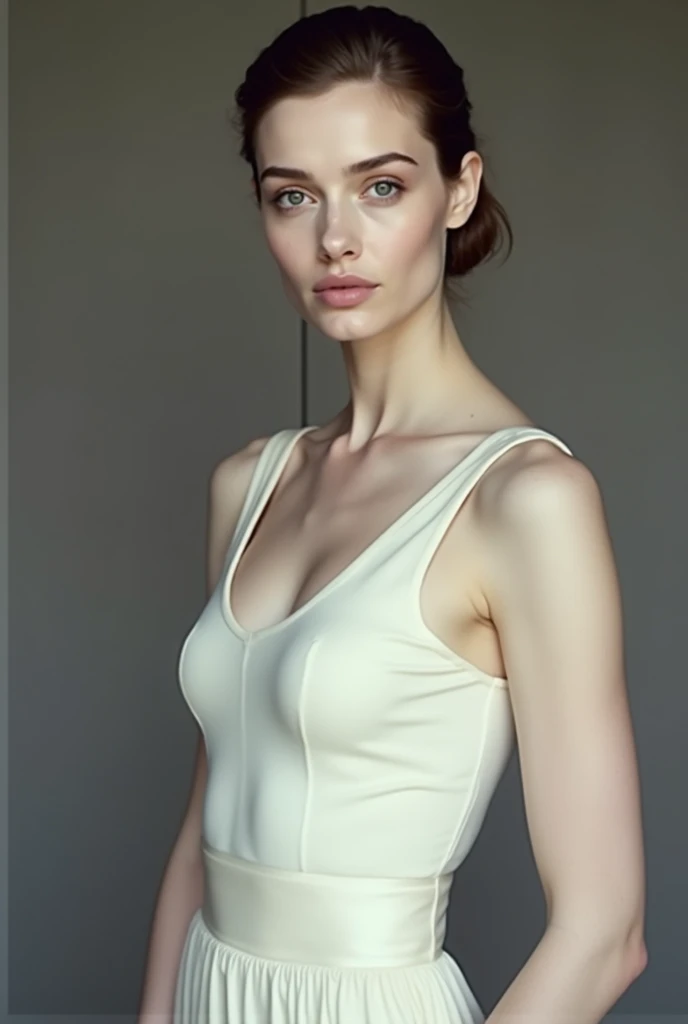 Anna hathaway with pale skin, white skin, wearing top and pants, low quality picture, poor quality, bad qulaity, no lose hair, pinned hair, showing hips and navel