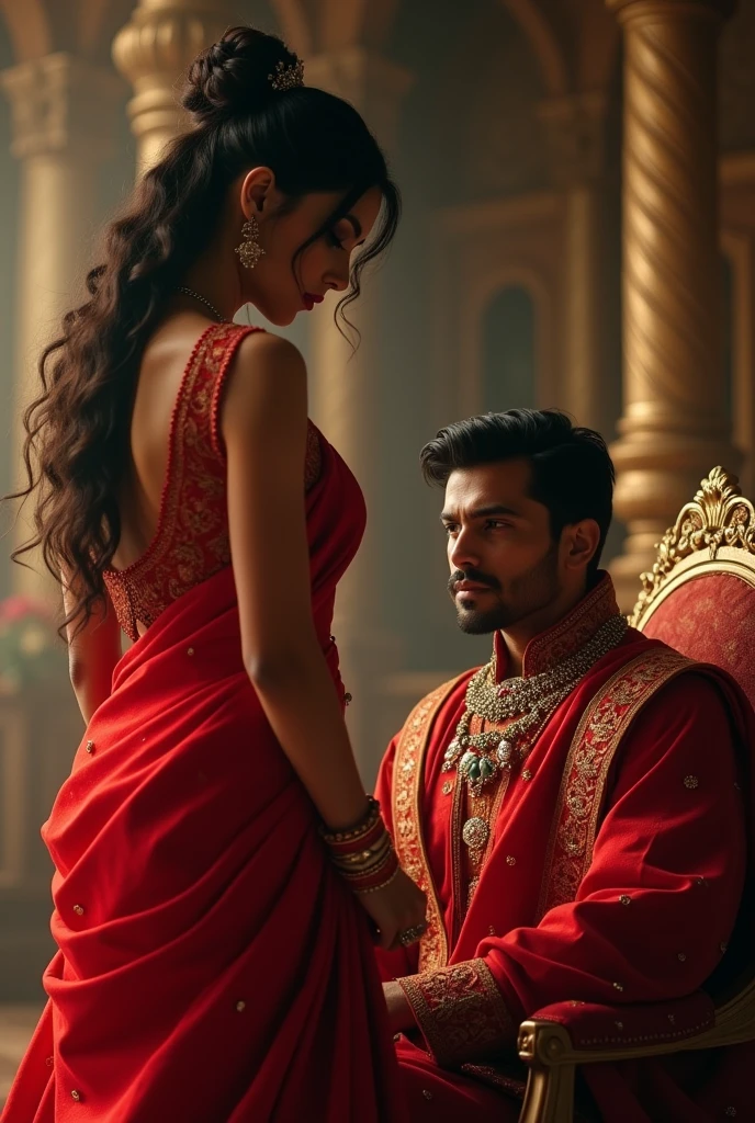A beautiful prostitute Indian woman in a red sari stands with a rich man, a king, sitting.
