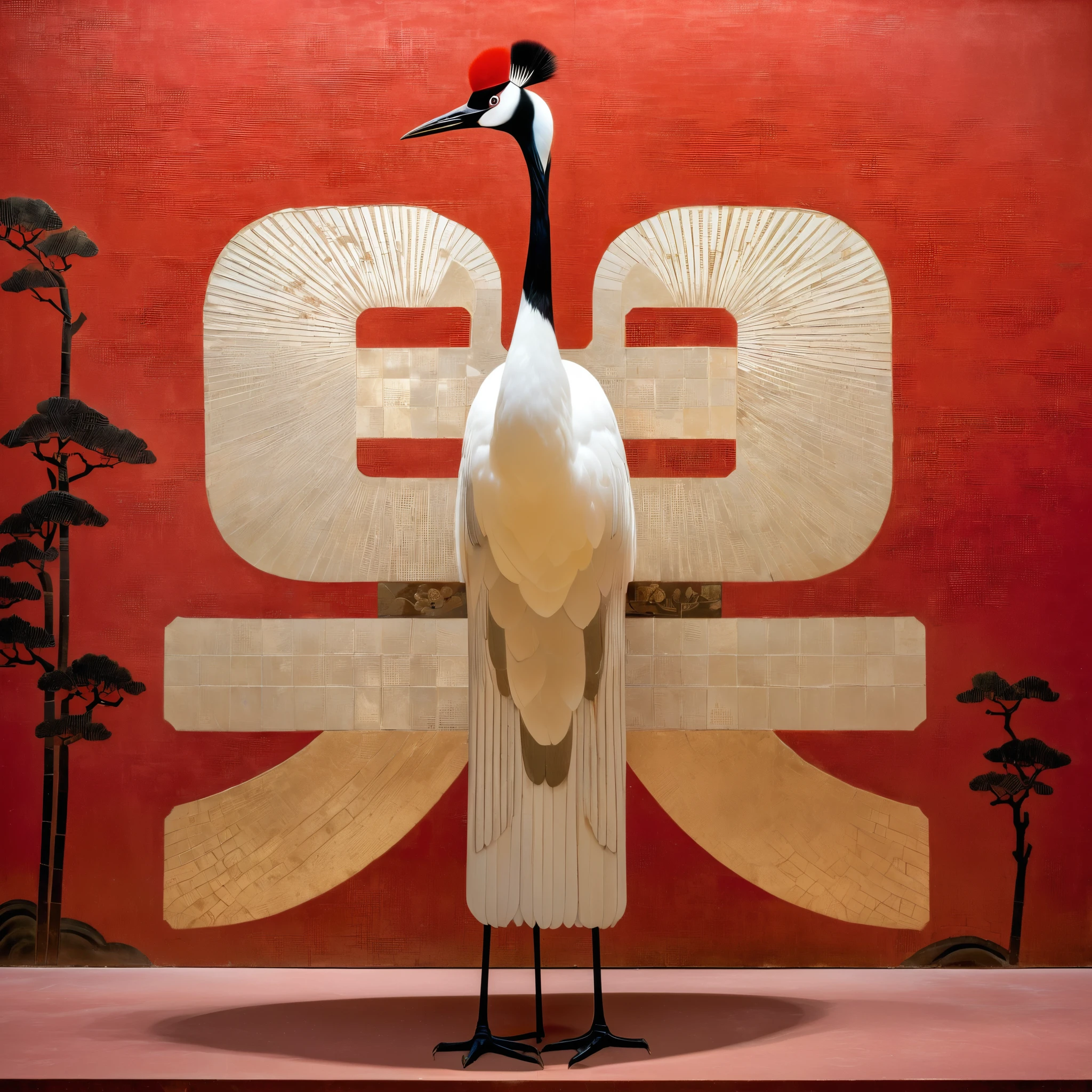 A red-crowned crane on a red background，There is a cut panel in the background, Japanese Art Museum, Dark white and light brown, Elegant and balanced, Standard collection, song huizong, Song Dynasty, Mosaic, Flat composition