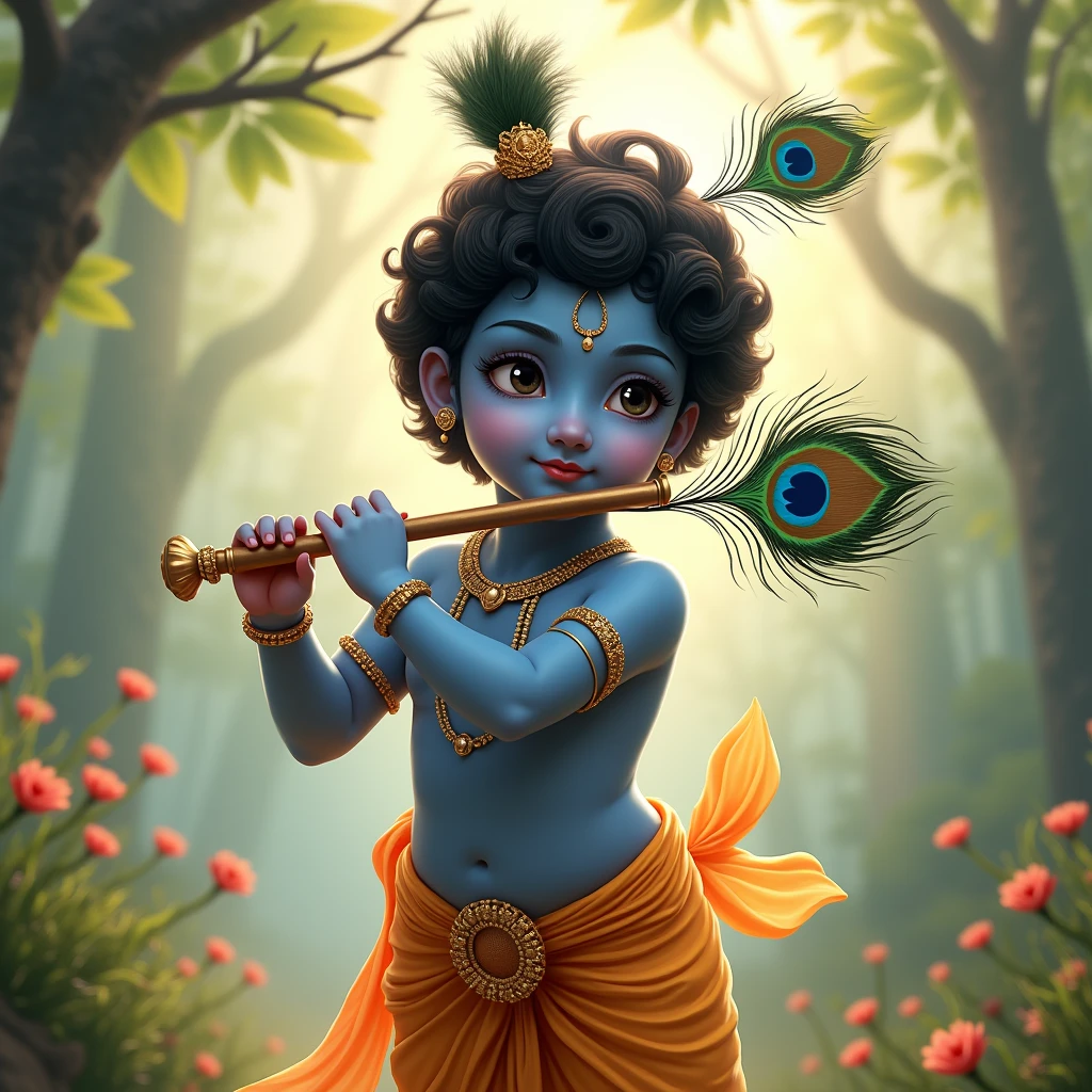 Lord Krishna with peacock Feather , flute with light natural background