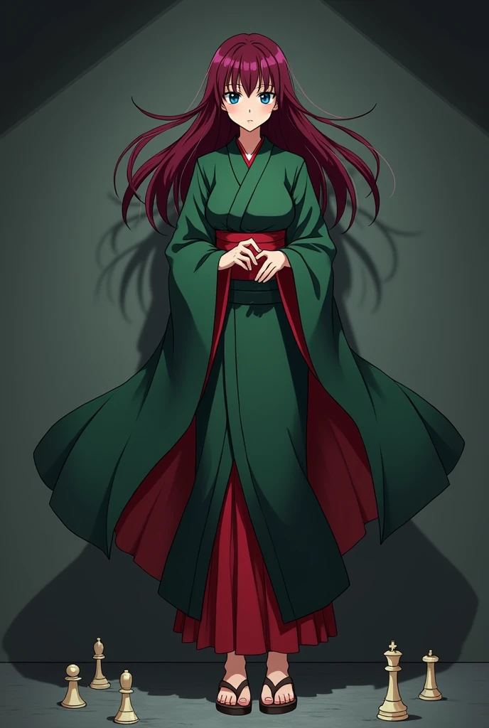The image is anime style with shadows and dim lights, anime style although somewhat adult and dark, In it appears a single adult woman of 40 years old, she has blue eyes and wears a beautiful oversized green and red yukata.; He also wears sandals. She has very long and loose hair., dark red. you see the woman, calculating and shrewd. The background of the image is a grey wall. She is the antagonist of the story, smile confidently, con malicia y challenging. Is standing, challenging, holding a chess piece in his hands. At his feet, There are many chess pieces scattered.