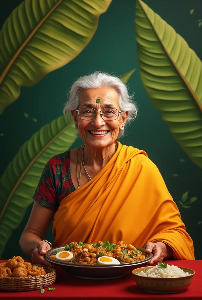 Classy banana leaf background with a happy old lady and and restaurant name kolapasi indian cuisine tag line fuel your hunger and thali with items