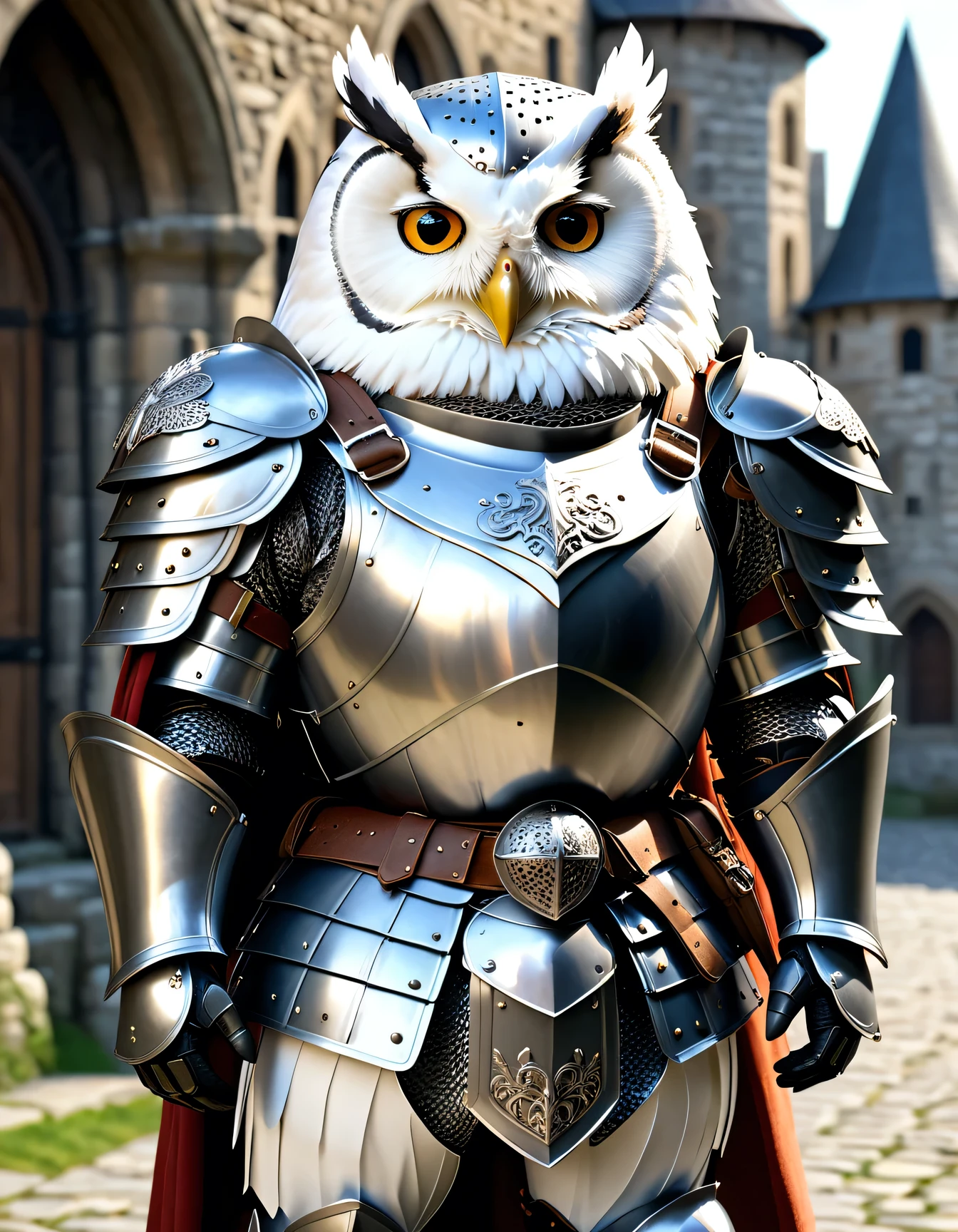 photorealistic portrait of Dressed animals - a ((fat)) (white owl) knight,(hands on hips:1.5),(furry),(helmet), high quality,(lovely) ,intricate detailed armor, highly detailed ((knight armor, greaves, sabaton)) , highly detailed knight equipment , (happy), natural lighting,(full body image:2.0),(stone buildings background),score_9, score_8_up, score_7_up, score_6_up, score_5_up, score_4_up,