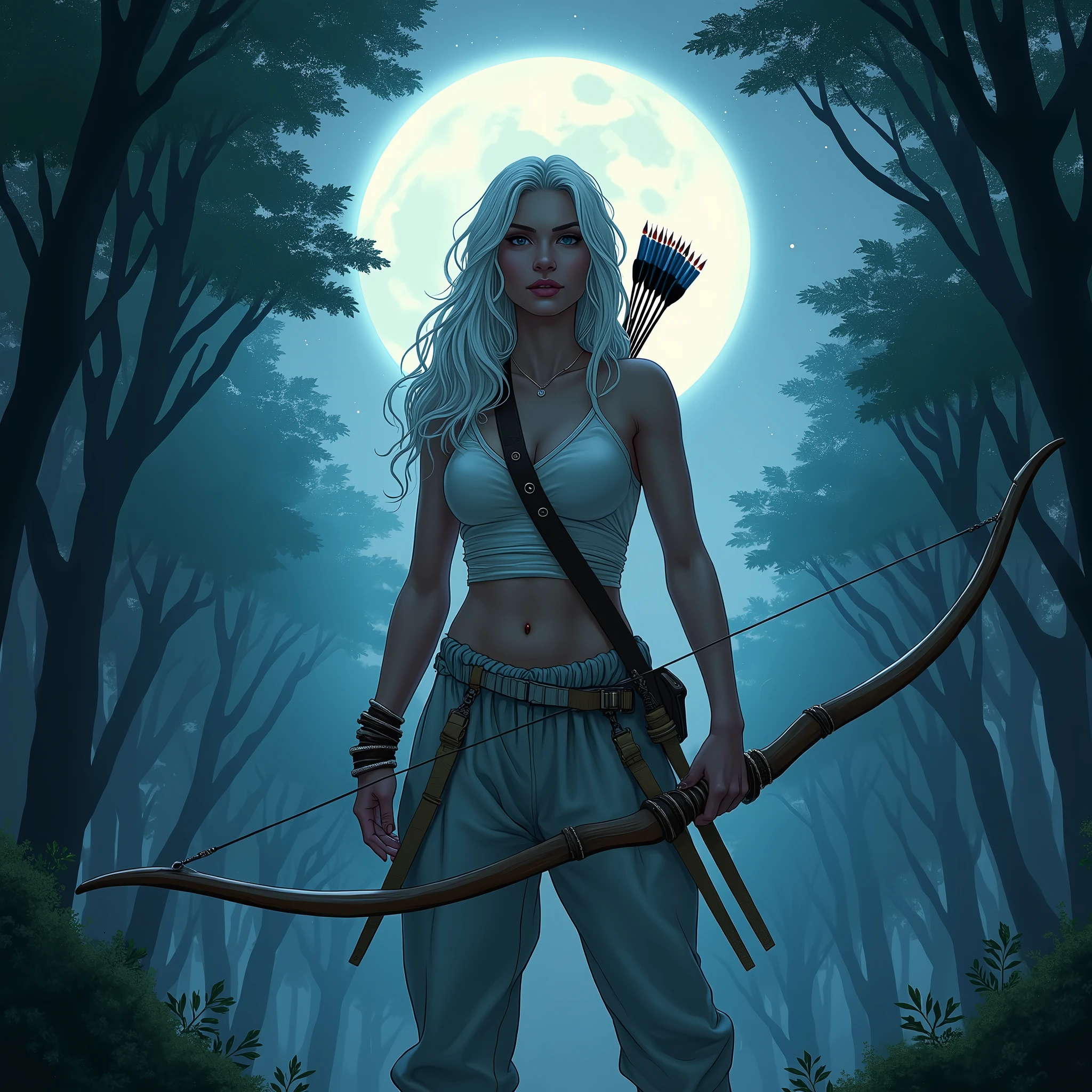(best quality,4k,8k,highres,masterpiece:1.2),ultra-detailed, 1woman, Greek goddess Artemis, Kate Jackson, Mediterranean features and skin tone, Athletic build, wearing trousers, wide feminine hips, White hair. in the woods at night, night time, bathed in pale blue moonlight, moon, wielding a bow, wearing a quiver of arrows, on the hunt, dressed for hunting, drawn in the style of Yoshitaka Amano, HDR, 8k, absurdres, cinestill 800, sharp focus
