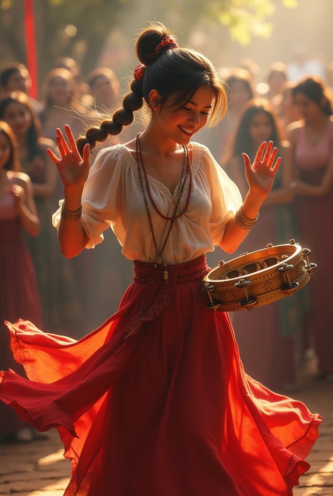 Tambourine player with tied hair, long dress and tambourine