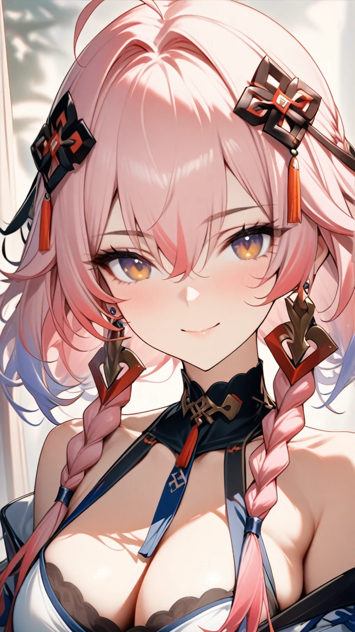 (Masterpiece, best quality:1.2,) \(mingchao/changli\), 1girl,breasts,solo,long hair,hair ornament,pink hair,cleavage,looking at viewer,bare shoulders,ahoge,bangs,smile,closed mouth,braid,upper body,hair between eyes,off shoulder,multicolored hair,twin braids,earrings,