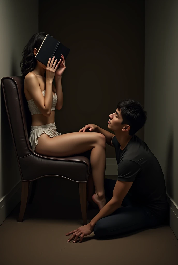 A real girl on a chair wearing a short dress. She has a black book from of her face while a man sitting on floor between the legs of the girl and and he is touching pubis of girl