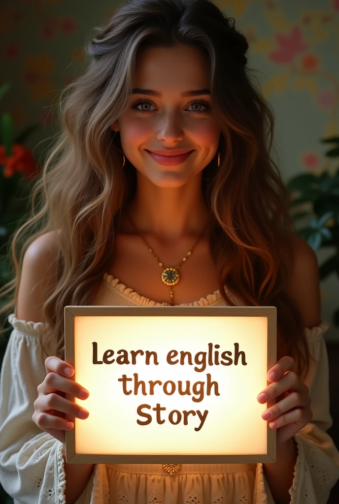 Beautiful girl with heart-warming smile and wavy long hair, bohemian dress, holding a white board with text "learn English Through Story" and showing it to the viewer, the board is glowing with the text.