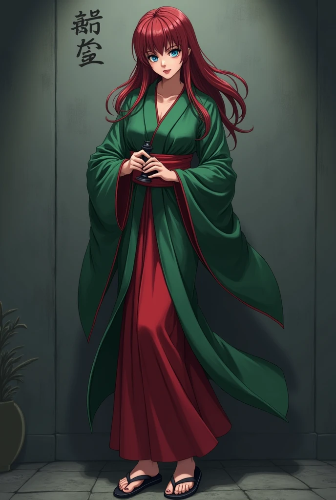 The image is anime style with shadows and dim lights, anime style although somewhat adult and dark, In it appears a single adult woman of 40 years old, she has blue eyes and wears a beautiful oversized green and red yukata.; He also wears sandals. She has very long and loose hair., dark red. you see the woman, calculating and shrewd. The background of the image is a grey wall. She is the antagonist of the story, smile confidently, con malicia y challenging. Is standing, challenging, holding a chess piece in his hands.
