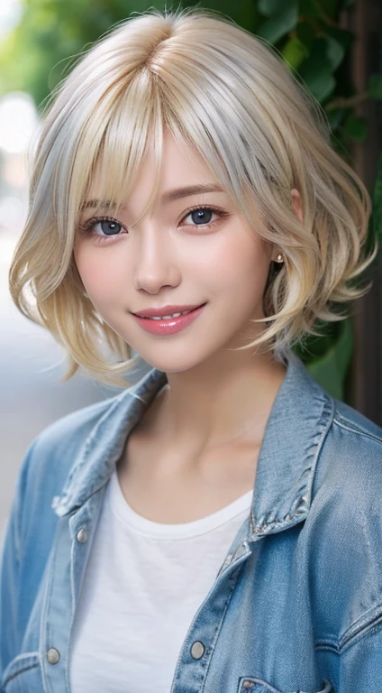 Happy smile seeing this、In the city、(Highest quality,8K quality,masterpiece:1.3,),(Ultra-high resolution:1.3,Realistic:1.4,RAW Photos:1.2),(Very detailed:1.2,Glowing Skin,Detailed skin:1.1),(Detailed face,Perfect Anatomy,Caustics:1.2),,1 person,cute,Japanese,1,Japanese Ido,blonde hair, [(gradient hair from silver to blonde:1.4):0.4], medium hair,Curl short hair outward,cute目,Natural Makeup,bright casual clothes,Laughter,Looking into the camera,On the face,Face Focus,Professional Lighting,Natural soft light,