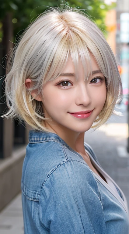 Happy smile seeing this、In the city、(Highest quality,8K quality,masterpiece:1.3,),(Ultra-high resolution:1.3,Realistic:1.4,RAW Photos:1.2),(Very detailed:1.2,Glowing Skin,Detailed skin:1.1),(Detailed face,Perfect Anatomy,Caustics:1.2),,1 person,cute,Japanese,1,Japanese Ido,blonde hair, [(gradient hair from silver to blonde:1.4):0.4], medium hair,Curl short hair outward,cute目,Natural Makeup,bright casual clothes,Laughter,Looking into the camera,On the face,Face Focus,Professional Lighting,Natural soft light,