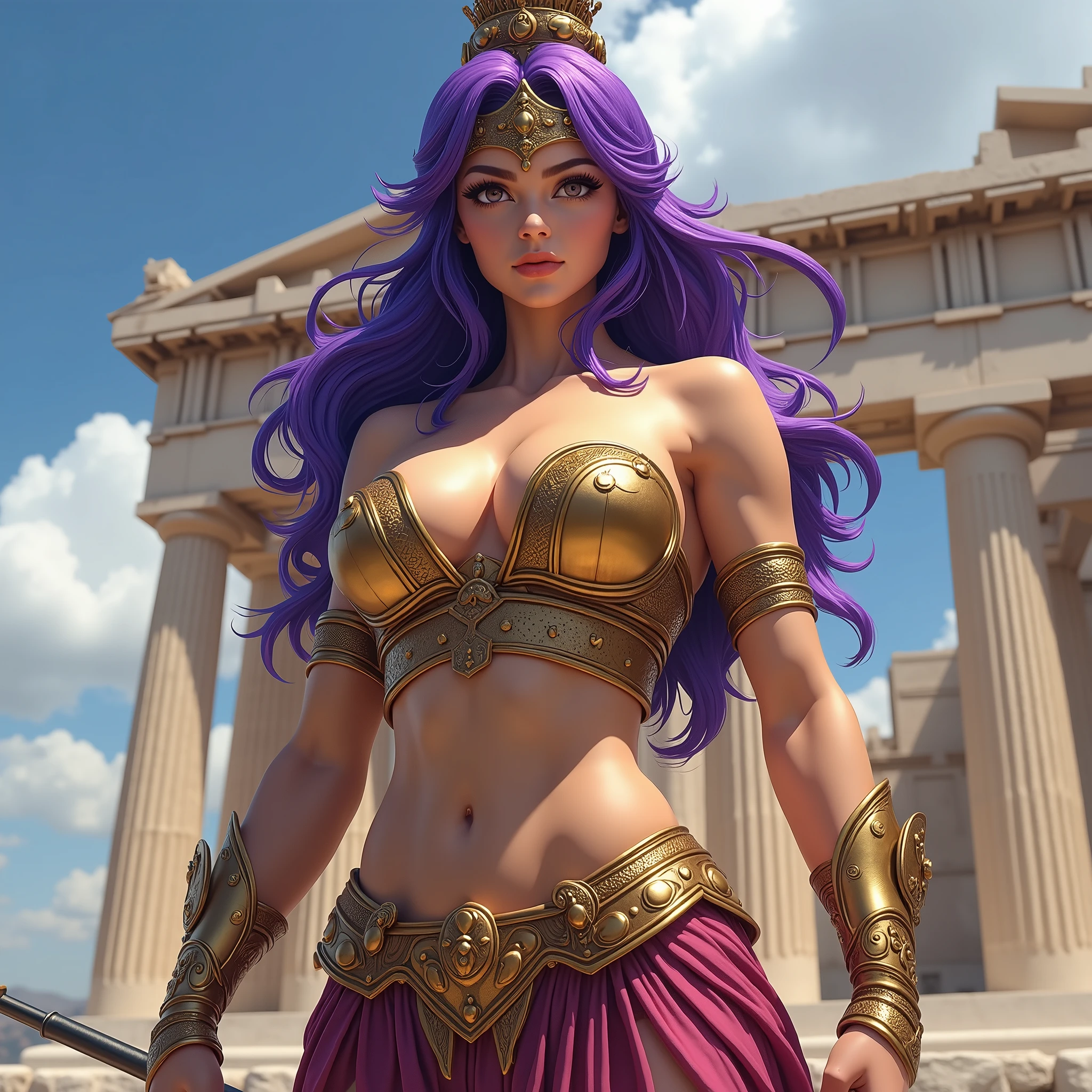 (best quality,4k,8k,highres,masterpiece:1.2),ultra-detailed, 1woman, Greek goddess Athena, purple hair, wearing golden hoplite armor with helmet, attacking pose, wielding a spear, looking at the viewer, wise, impressive, seductive eyes, in front of the Parthenon, drawn in the style of Yoshitaka Amano, HDR, 8k, absurdres, cinestill 800, realistic, sharp focus