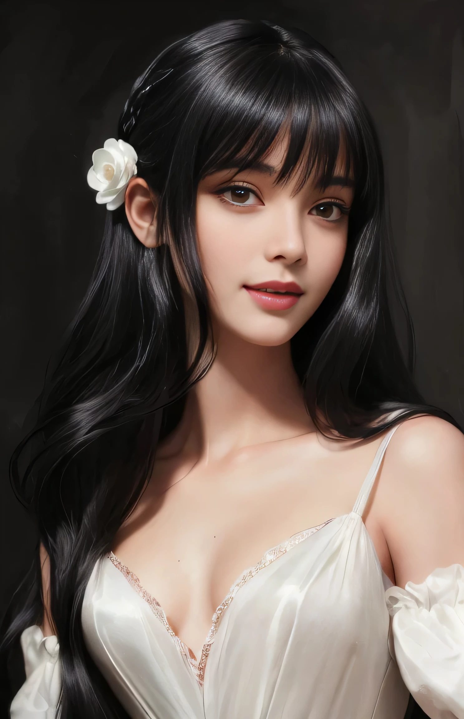 (surreal), (shape), (Improved resolution), (8k), (very detailed), (Best shape), (beautiful and detailed eyes), (highest quality), (Super detailed), (masterpiece ), ( wallpaper), (detailed face), 1 girl, , white dress, Large and loose chest, looking at the viewer, small details, detailed face, in the dark, deep shadow, private key, Pure erotic face ace_v1, smile, long hair, black straight hair , 46 point diagonal bangs