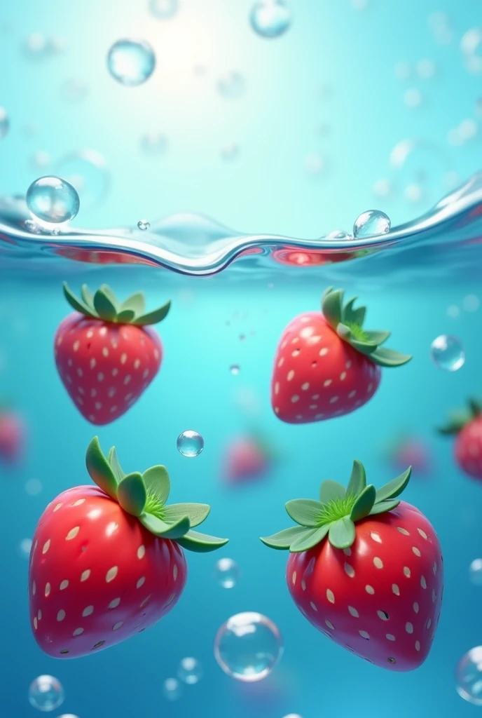 Strawberries under blue watter with bubbles. Image should be 3d and cartoonish