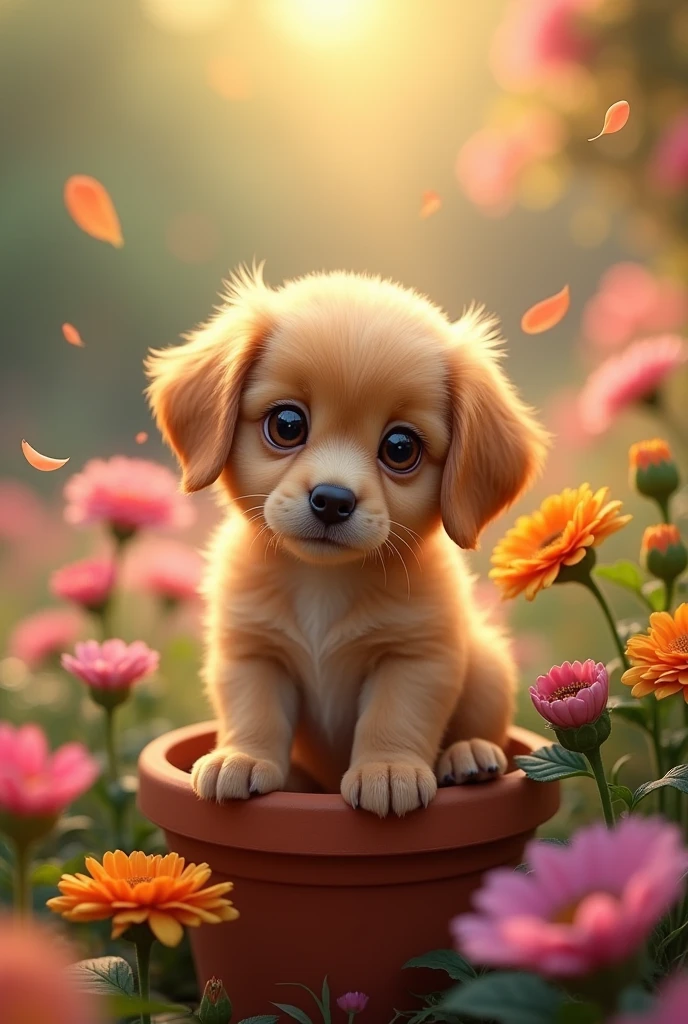 A small puppy golden brown colour sit on the flower pot
